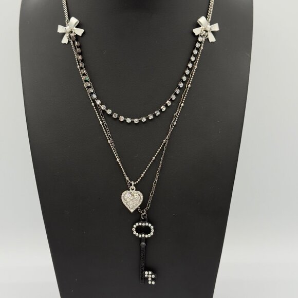 Betsey Johnson Layered Necklace Key Heart Pendants Rhinestones Bow Accents - Picture 1 of 15